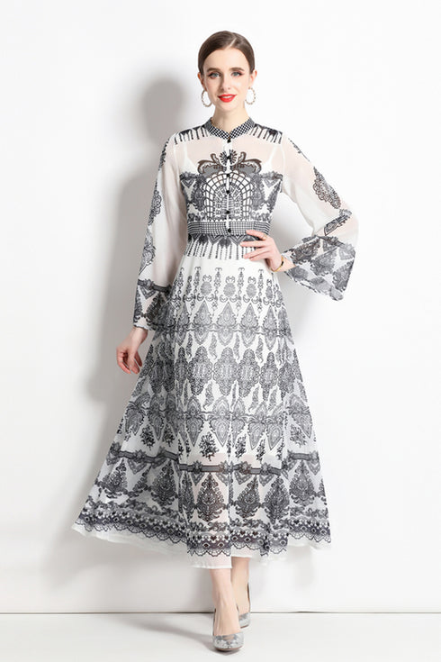 Vintage Ethnic Black Paisley Pattern, Stand-Up Collar, Long Flare Sleeve Dress